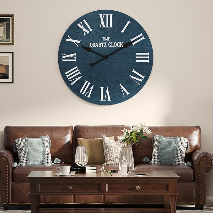 ARTPOWER Large Farmhouse Wall Clock, 35.5” Shiplap Wall Clock with Roman Numeral, Nearly Non-Ticking, Round Wall Clocks for Living Room Decor, Office, Bedroom, Entrance, Navy Blue