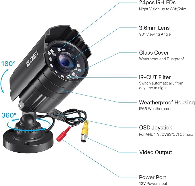 ZOSI 1080P CCTV Camera Outdoor Indoor Hybrid 4 in 1 HD TVI/CVI/AHD/CVBS Home Security Cameras System,Night Vision,Waterproof Metal Housing Bullet Cam For 960H,720P,1080P,5MP,4K analog Surveillance DVR