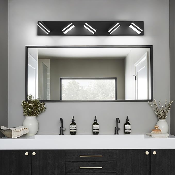 Modern LED Bathroom Lights Fixtures(5-Light),Metal Black Acrylic Wall Lighting,Vanity Lights for Bathroom Over Mirror(6000k 34in)