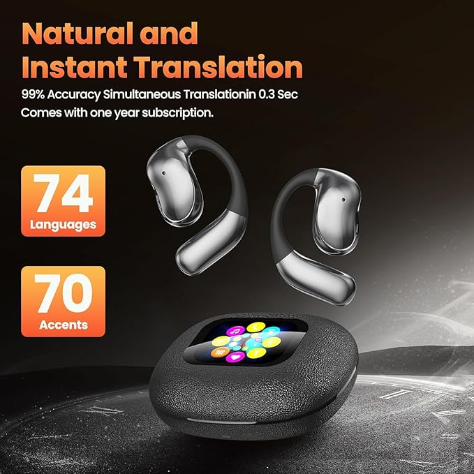 AI Translator Earbuds Real-Time 180 Languages 8 Offline Modes OWS Touchscreen HD Sound iOS Android Compatible Long Battery Life Ideal for Travel Business Black