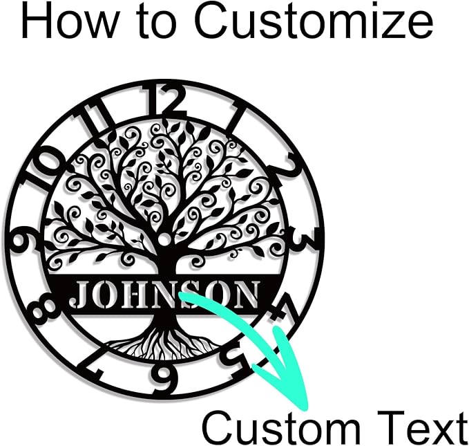 Personalized Metal Wall Clock with Tree of Life Design, Custom Family Name Clock, Decorative Steel Wall Art, Housewarming Gift, Living Room Bedroom Kitchen Home Decor