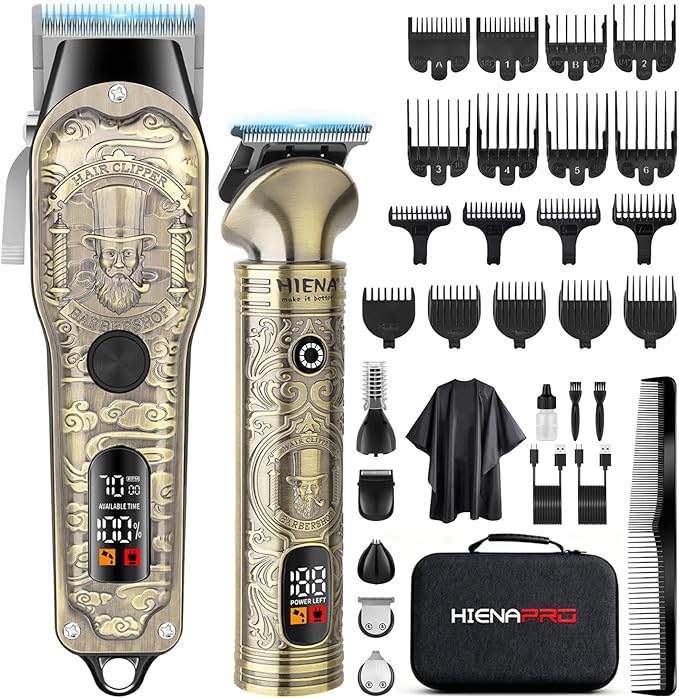 HIENA PRO Hair Clippers for Men Professional, Cordless Barber Clipper T-Blade Beard Trimmer Nose & Body Hair Trimmer Foil Shaver Grooming Kit, Electric Full Men's Hair Cutting Kit with 17 Guide Combs