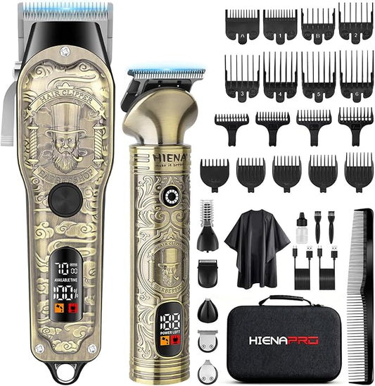 HIENA PRO Hair Clippers for Men Professional, Cordless Barber Clipper T-Blade Beard Trimmer Nose & Body Hair Trimmer Foil Shaver Grooming Kit, Electric Full Men's Hair Cutting Kit with 17 Guide Combs