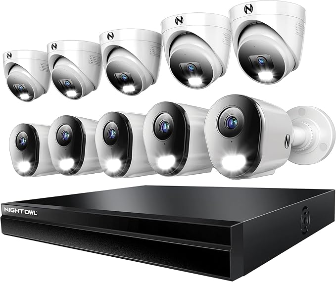 Night Owl Power Over Ethernet 24 Channel NVR Video Home Security Camera System with (10) Wired IP 4K HD Indoor/Outdoor Deterrence 5 Dome/5 Bullet Cameras and 4TB Hard Drive (5 Bullet/5 Dome)