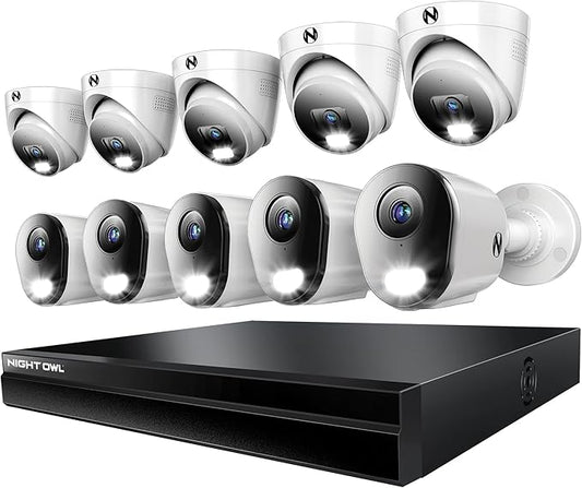 Night Owl Power Over Ethernet 24 Channel NVR Video Home Security Camera System with (10) Wired IP 4K HD Indoor/Outdoor Deterrence 5 Dome/5 Bullet Cameras and 4TB Hard Drive (5 Bullet/5 Dome)