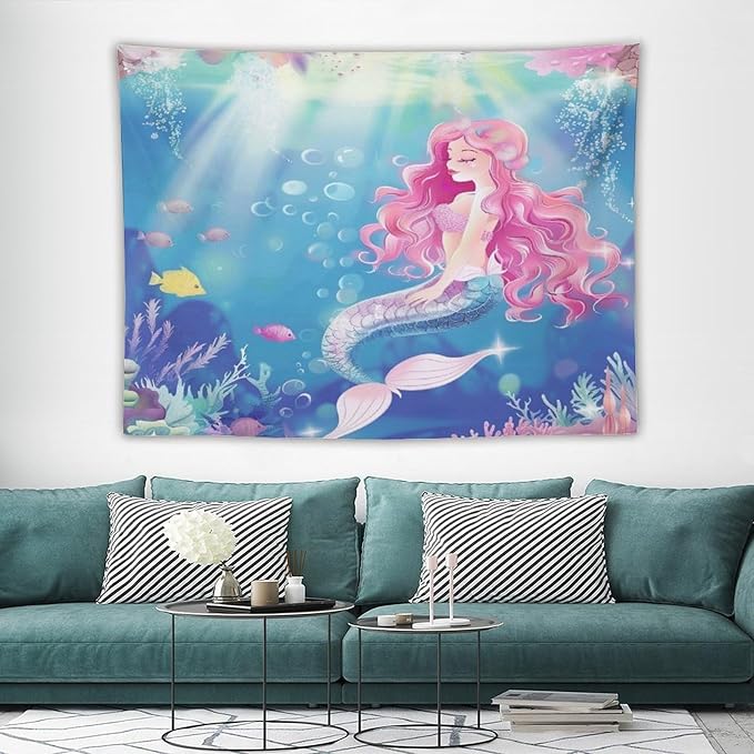 HZOHNAGO Mermaid Girls Tapestry Watercolor Mermaid Princess Pink Hair Pattern for Kids Room Decoration Printed Wall Tapestry Wall Hanging for Bedroom Living Room Dorm 80" W x 60" H