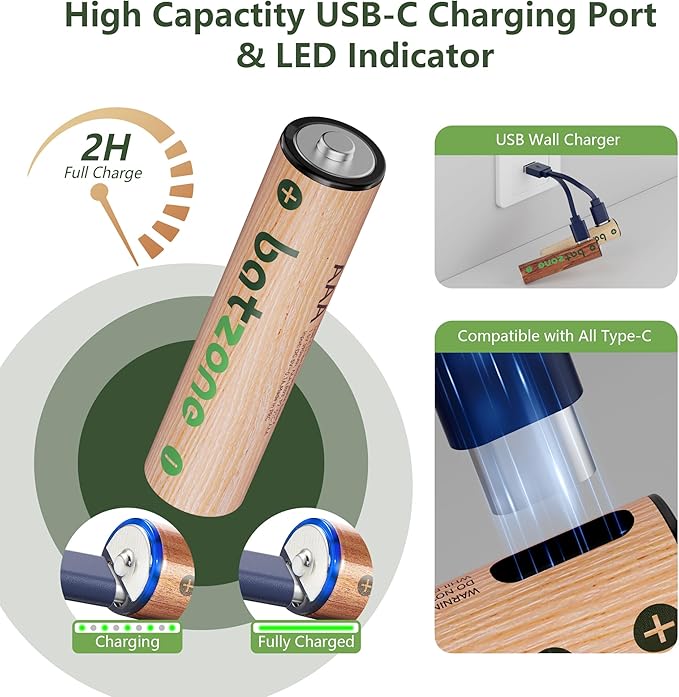 Rechargeable AAA Batteries, 814mWh AAA Batteries Lithium, Long Lasting USB C AAA Rechargeable Battery, 16 Pack with 3 USB-C 2-in-1 Charging Cable Over 1000+ Cycles