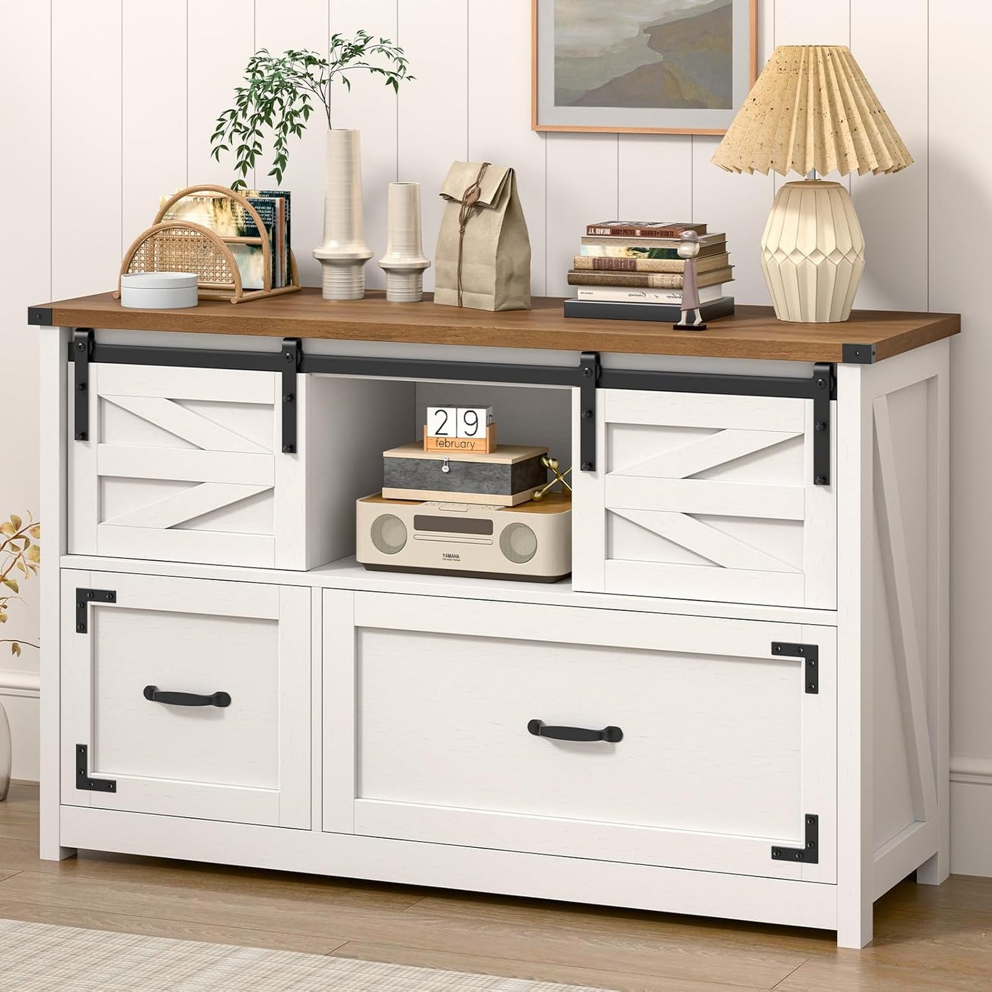 Lateral File Cabinets 2 Drawer with Sliding Barn Doors, Farmhouse Filing Cabinet with 2 Drawer for Home Officeï¼Filing Organization Storage Cabinets for Hanging Files Letter/Legal/F4/A4.(Brown.)