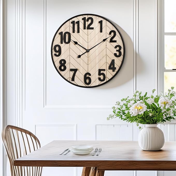 24 Inch Large Wall Clock for Living Room Decor, Rustic Wooden Farmhouse Wall Clock with Black Metal Frame, Battery Operated Non-Ticking Silent Wall Clocks for Home Decor (Brown)