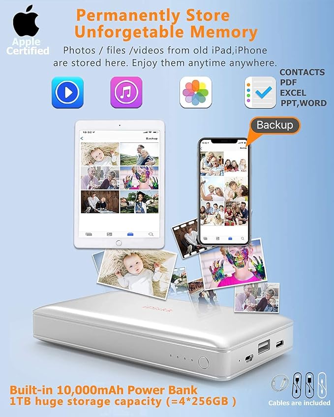 iDiskk App-le MFi Certified 1TB External Hard Drive for iPhone iPad Android Phones,MacBook,Computer to Backup Docs| Photos | Videos,iPhone 17 & 16 Hard Disk,10000mAh Power Bank