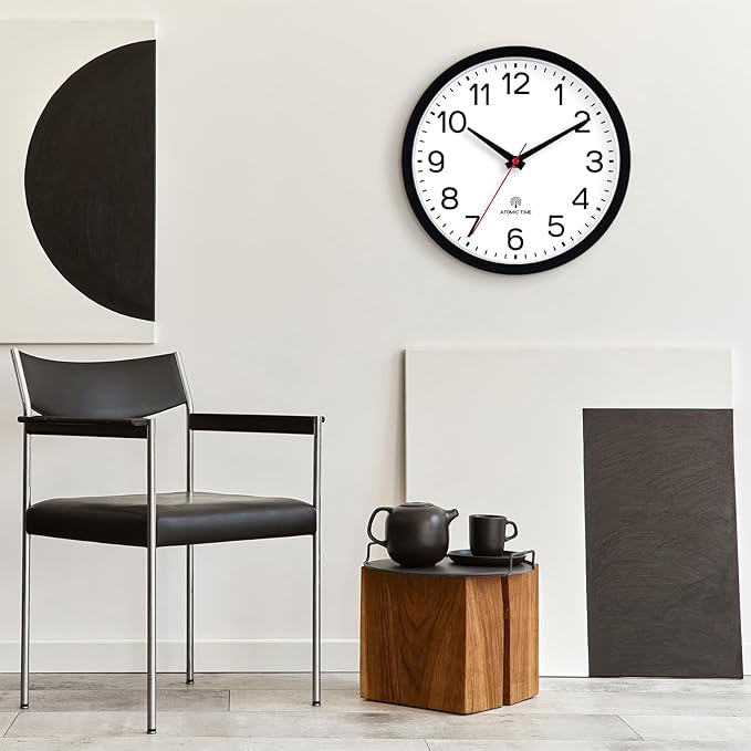 AKCISOT Atomic 14 Inch Wall Clock Analog Clocks for Indoor Kitchen, Battery Operated Clock for Bedroom Office Classroom Living Room(Black)