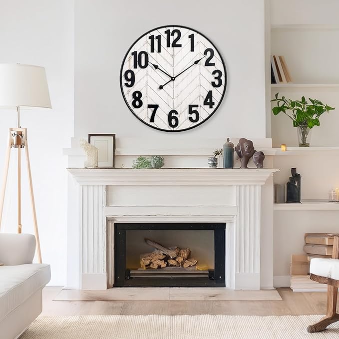 30 Inch Large Wall Clock, Oversized Wood Farmhouse Wall Clock with Metal Frame, Battery Operated Non-Ticking Silent Wall Clocks for Living Room, Kitchen, Bedroom Decor (Whitewashed)
