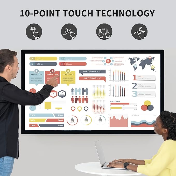 55" Interactive Touchscreen Monitor, Smart Board 4K Display with Wall Mount, Android 11 Smart Touch Screen Presentation Electronic Whiteboard for Office & Classroom, RAM 2G & ROM 32G