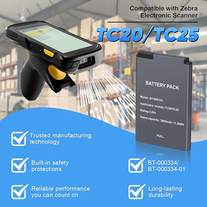 E EGOWAY 3000mAh Scanner Battery Pack (BT-000334/BT-000334-01) - Compatible with Zebra TC20 and TC25 Scanner