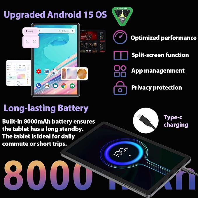 Android 15 Tablet with Keyboard - 26GB+256GB+2TB Expand, Octa-Core, 2.4G/5G Wifi, 8000mAh Battery, Widevine L1, Dual Camera, Face Unlock, 10 Inch 2 in 1 Tablets with Mouse, Stylus (Silver Case)