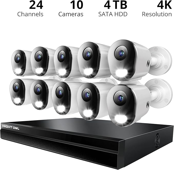Night Owl Power Over Ethernet 24 Channel NVR Video Home Security Camera System with (10) Wired IP 4K HD Indoor/Outdoor Deterrence Bullet Cameras and 4TB Hard Drive (10 Camera Bullet)