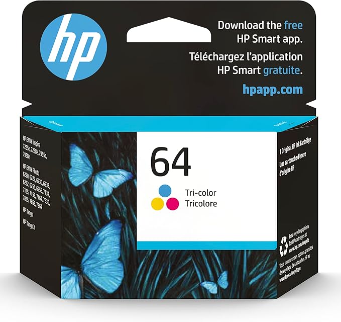 HP 64 Tri-Color Ink Cartridge | Works with Envy Inspire 7950e; Envy Photo 6200, 7100, 7800; Tango Series | Eligible for Instant Ink | N9J89AN