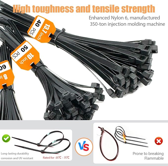 150 Pcs Heavy Duty Wire Ties,3 Sizes 8/10/13.7 Inch Black Nylon Electrical Zip Tie,65 lbs-100lbs Cable Ties Tensile Strength for Indoor&Outdoor Electrical Wiring,Industrial Use,Gardening,Weatherproof