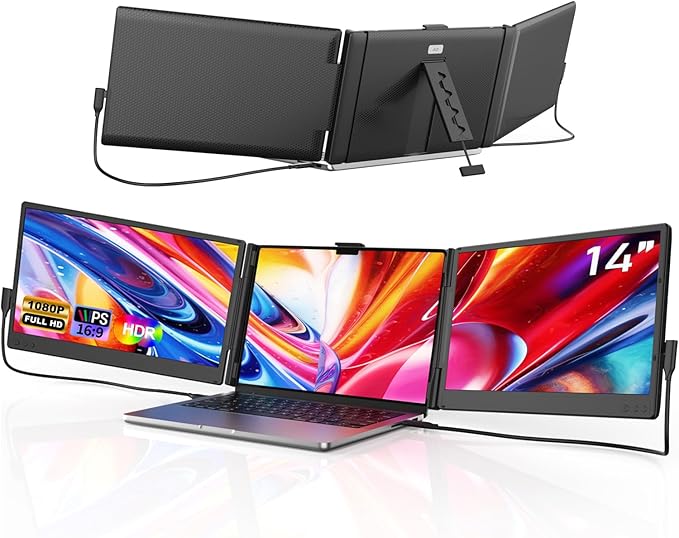 Laptop Screen Extender, 14'' FHD 1080P IPS Portable Monitor for Laptop, Triple Screen Extender Monitor Plug-Play for Mac/Windows/Chrome, Fit 13”-17.3” Laptops