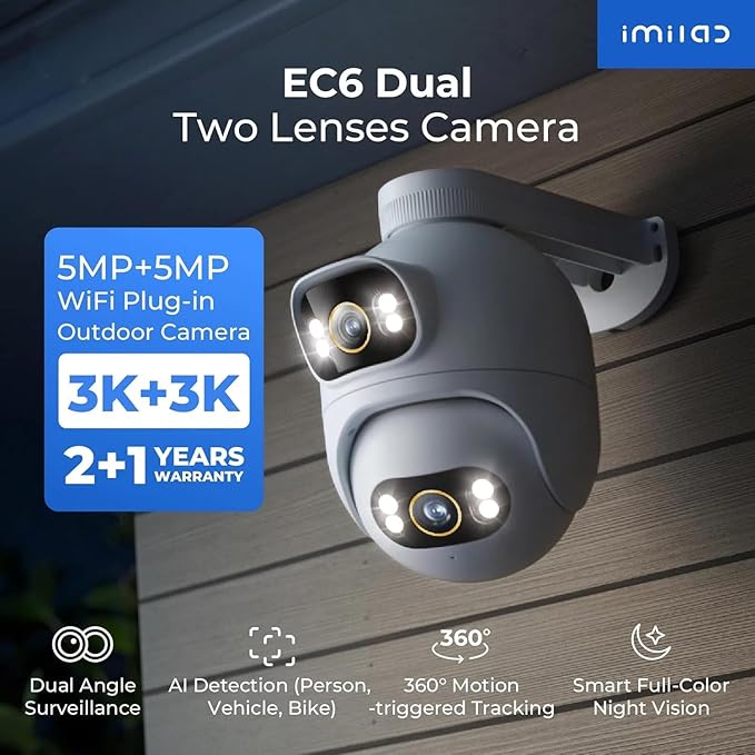 IMILAB EC6 Dual 3K+3K Plug-in Outdoor Security Camera: Outdoor Camera for Home Security w/Motion Spotlight/Siren, Wired 360° Rotate Cam, Person Tracking, 24/7 Continuous Recording, Color Night Vision