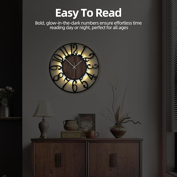 20 Inch Large Metal Wall Clock with Voice and Light Sensor Night Light, Glow in The Dark Non-Ticking Silent Battery Operated Decorative Oversized Wall Clock for Bedroom Living Room Decor