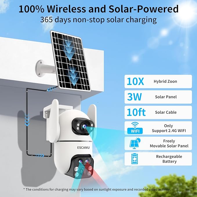 Three-Lens Security Camera Wireless Outdoor,2K 360° View Cameras for Home Security,Solar Battery Powered Camera with10x Hybrid Zoom,Motion Detection,Night Vision,No Subscription Fee,Waterproof