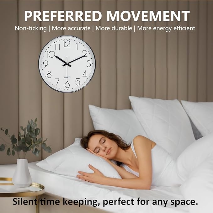 Wall Clock, Silent Wall Clocks Battery Operated 10 Inch Modern Non Ticking Analog Clock with Large Numerals Tempered Glass Clocks for Bedroom, Living Room, Kitchen, Office Decor, White Black