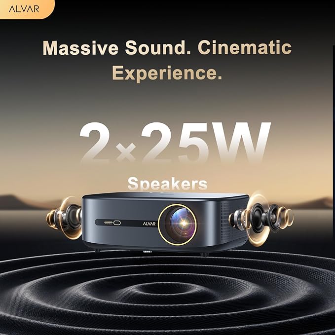 [2000 ANSI/4K Support/DoIby Audio & DBX-TV] Alvar Smart Projector with WiFi 6 and Bluetooth 5.3, 50W Speakers, NetfIix Certified Outdoor Movie Projector, Auto Focus & Keystone, Native 1080P, Black