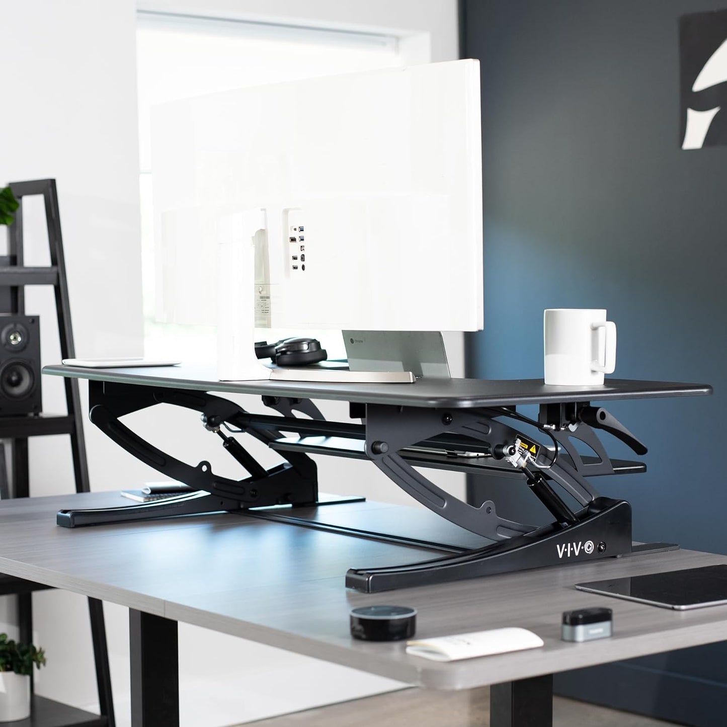 VIVO 48 inch Height Adjustable Large Stand Up Desk Converter, V Series, Quick Sit to Stand Tabletop Dual Monitor Riser Workstation, Black, DESK-V048V