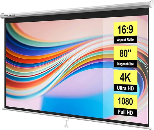 VIVOHOME 80 Inch 16:9 Pull Down Projector Screen, HD 4K Retractable Movie Screen for Indoor Home Theater and Office, Manual Projection Screen with Auto Locking (70Wx40H Inch Display Area)