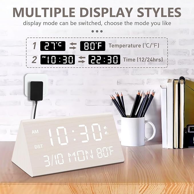 Kogonee Wooden Digital Alarm Clock, 0-100% Dimmer, 2 Alarm Settings, Weekday/Everyday Mode, 9 Mins Snooze, 12/24H, Temperature and Date Display for Office, Travel, Bedroom Alarm Clock (White)