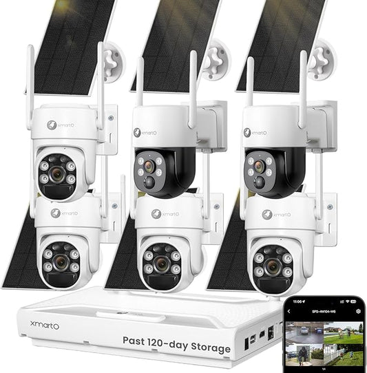 XMARTO QHD Wire-Free Solar Security Camera System Outdoor/Indoor Wireless, Pan Tilt Zoom, 4K Long Range WiFi 6 Surveillance DVR Kit, Long-Lasting Solar Battery Home CCTV 6-CAM Set w. 120-day Storage