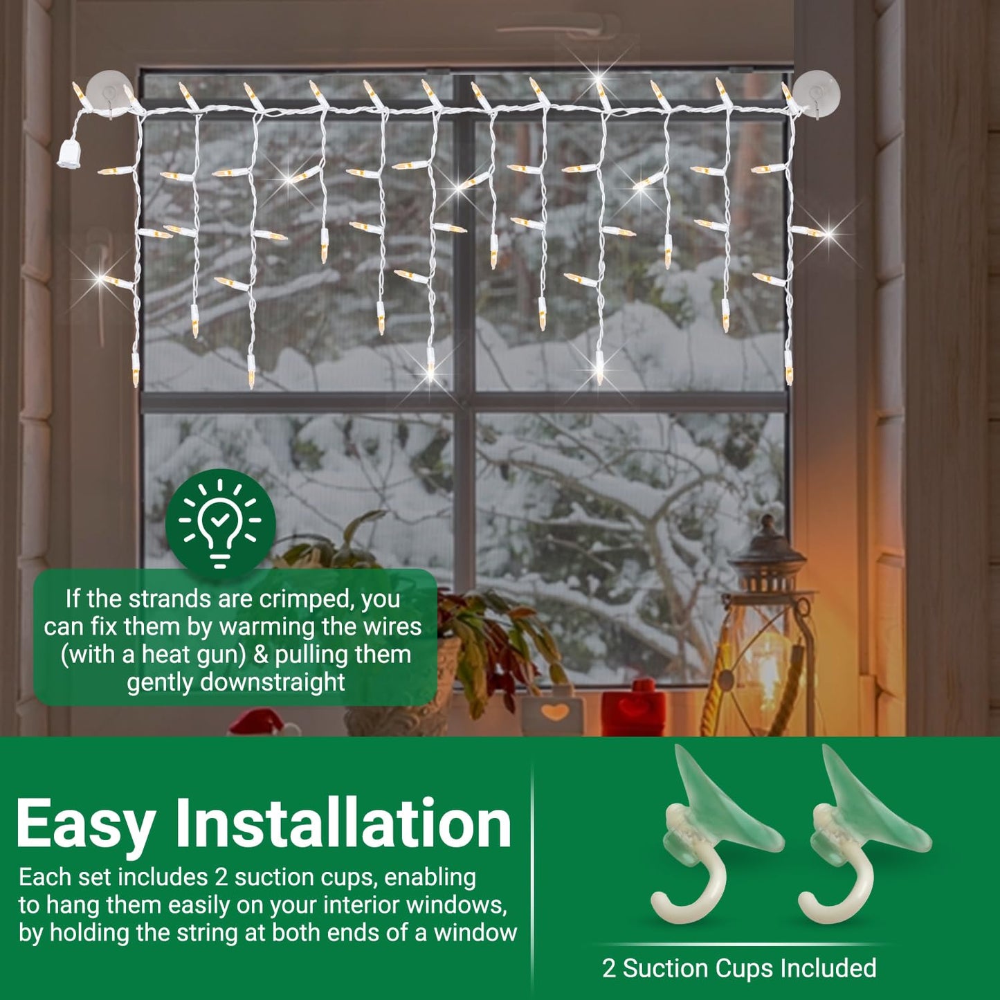 Tupkee Twinkle Window Icicle Lights - 50 Clear Bulbs, 3 Feet, Indoor/Outdoor, Model GSIZA-50A