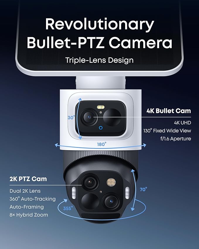 eufy Security eufyCam S4 4-Cam Kit, Solar Security Camera Wireless Outdoor, Triple Lens Bullet-PTZ Cam, 4K UHD, 360° Pan and Tilt, Auto Track, 8× Hybrid Zoom, Color Night Vision, Expandable Storage
