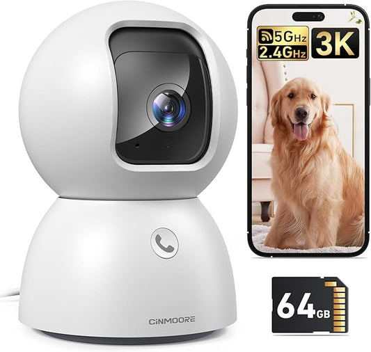 Smart 3K Indoor Dome Security Camera with AI Human/Pet/Facial Detection, 360° Pan-Tilt Coverage, 2-Way Audio, 2.4GHz 5GHz Dual-Band Wi-Fi - Includes 64GB SD Card & No Subscription Needed