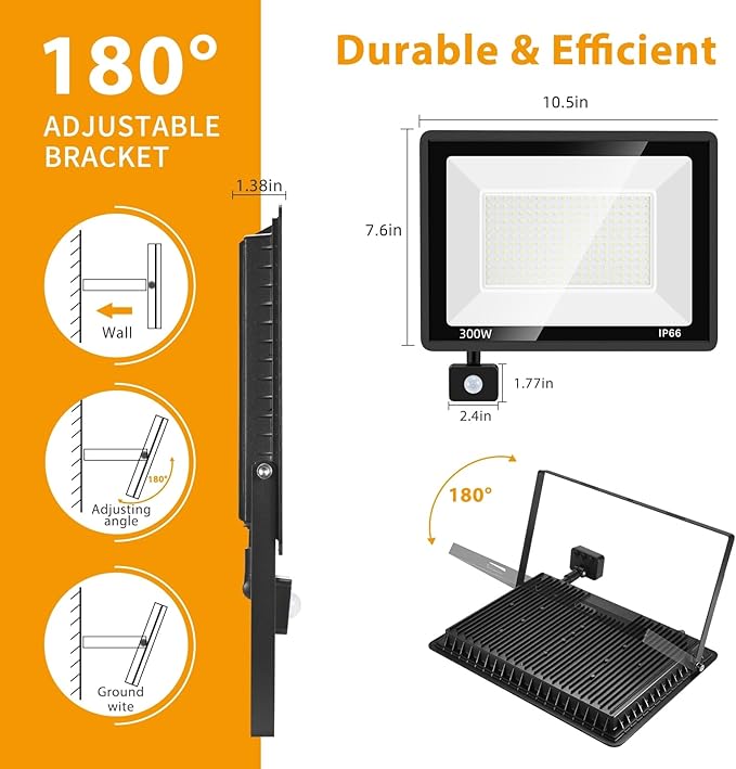 2 Pack 300W LED Motion Sensor Flood Light,LED Work Light with Plug,Super Bright IP66 Waterproof Floodlight Outdoor 43500 lumens 5000K Daylight Dusk to Dawn Security Light for Garage,Front Porch