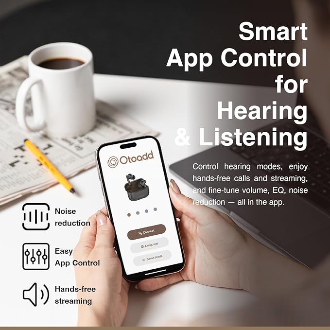 F1-S OTC Hearing Aids for Seniors, Rechargeable Battery, Bluetooth App Control & AI Noise Reduction, Invisible Design, Includes 3 Cleaning Brushes