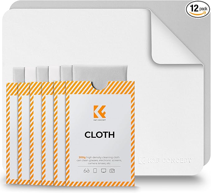 K&F CONCEPT 12 Pack Lens Cleaning Cloth | Microfiber Cleaning Cloth | Glasses Cleaning Cloths | Eyeglass Lens Cleaner | Eyeglasses, Camera Lens, VR/AR Headset, and Screen Cleaning | White & Grey