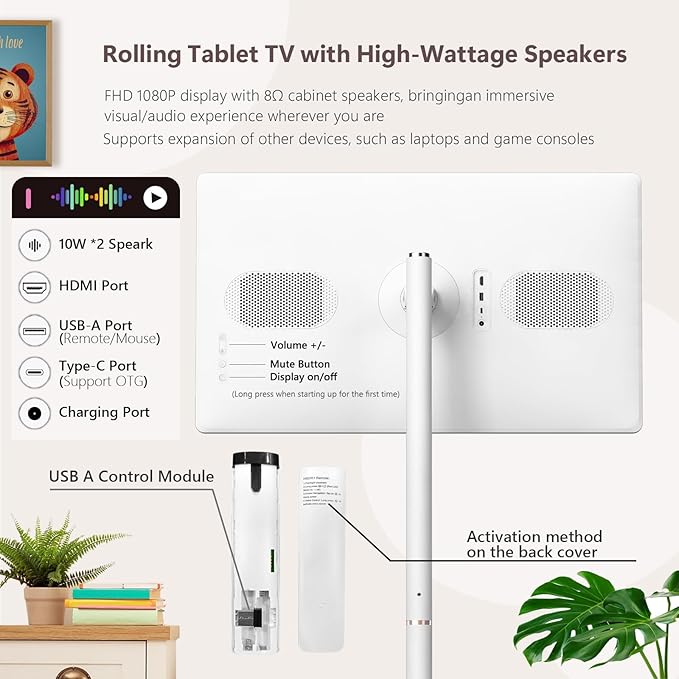 OFD 32 Inch Portable TV on Wheels FHD 1080P,Android15 OS|6GB RAM+128GB Storage|EDLA-Certified,Rolling TV Touchscreen Monitor,Built-in 9600mAh Battery|2K Webcam|Remote Control|Speaker,Fully Rotatable