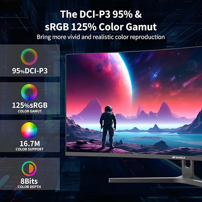 SANSUI 34-Inch Curved Gaming Monitor UWQHD 3440 x 1440 Up to 165Hz Curved 1500R - PIP/PBP, 1ms(MPRT), HDR, 300nits, sRGB 125%, DCI-P3 95%,FreeSync,HDMIx2,DP1.4 x2 (DP Cable Included)