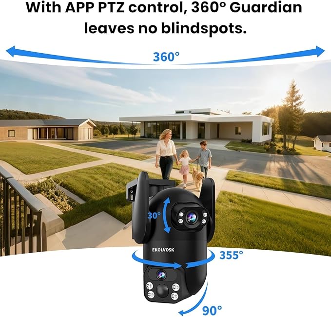 Solar Security Cameras Wireless Outdoor, Dual Lens 2K 360° View Cameras for Home Security, 2.4/5 GHz Wi-Fi, 2-Way Audio, Night Vision, Motion Detection, SD/Cloud Storage, IP65 Outdoor Camera