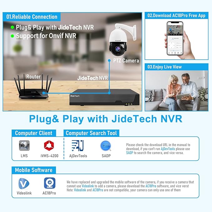 JideTech 200X Hybrid Zoom 4K 8MP Outdoor PTZ IP PoE Security Camera, Auto Tracking Dome Surveillance Camera, Human/Vehicle Detection, 492ft IR Night Vision, Two-Way Talk, IP66, for RTMP,Blue Iris