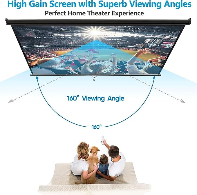 Projector Screen 100 Inch 16:9 HD Portable Manual Pull Down Projector Screen, Wall Ceiling Mounted Retractable Widescreen for Home Theater Cinema Office Movie TV Game, Black