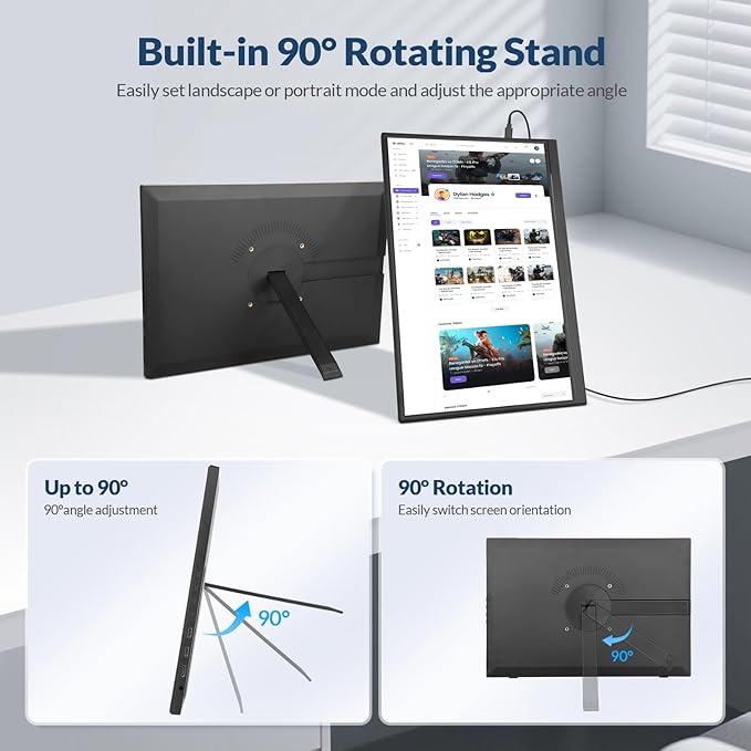 LR Portable Monitor, 16” 1920 * 1200P FHD IPS Screen 16:10, 1500:1 Contrast Ratio, USB-C HDMI Travel Monitor with Rotating Stand, External Second Display for Laptop/PC/Mac/Phone/Switch/Xbox/PS4/5