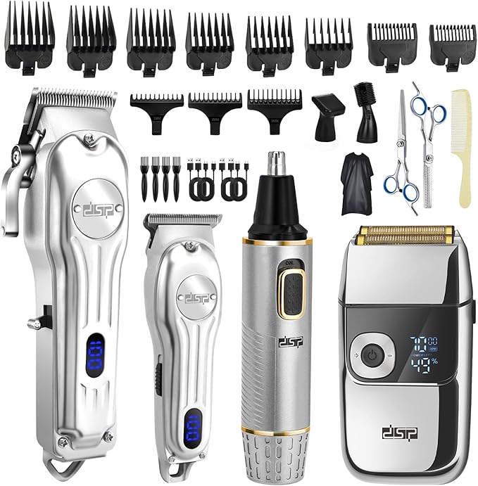 DSP 4-in-1 Pro Barber Kit: Cordless Hair Clipper, Trimmer, Shaver & Nose Hair Remover - Styling & Grooming Set with Scissors, Fade Tools, LED Display