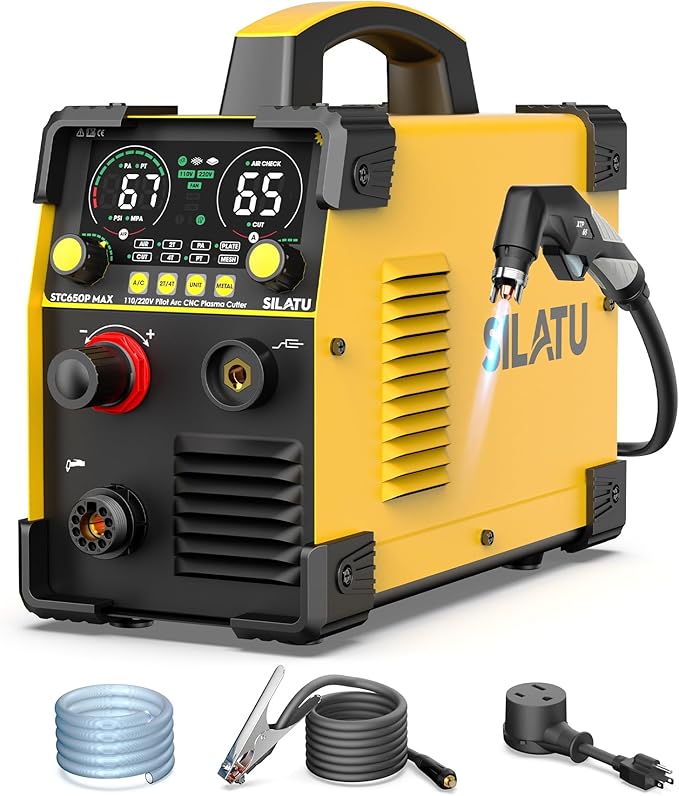 SILATU Plasma Cutter, 65Amps Non-HF Blowback Pilot Arc CNC Plasma Cutter Machine, 110/220V Dual Voltage Large LED Display Air Sensor Technology, 3/5'' Clean Cut 1'' Max Cut, PT/2T/4T for Beginners DIY
