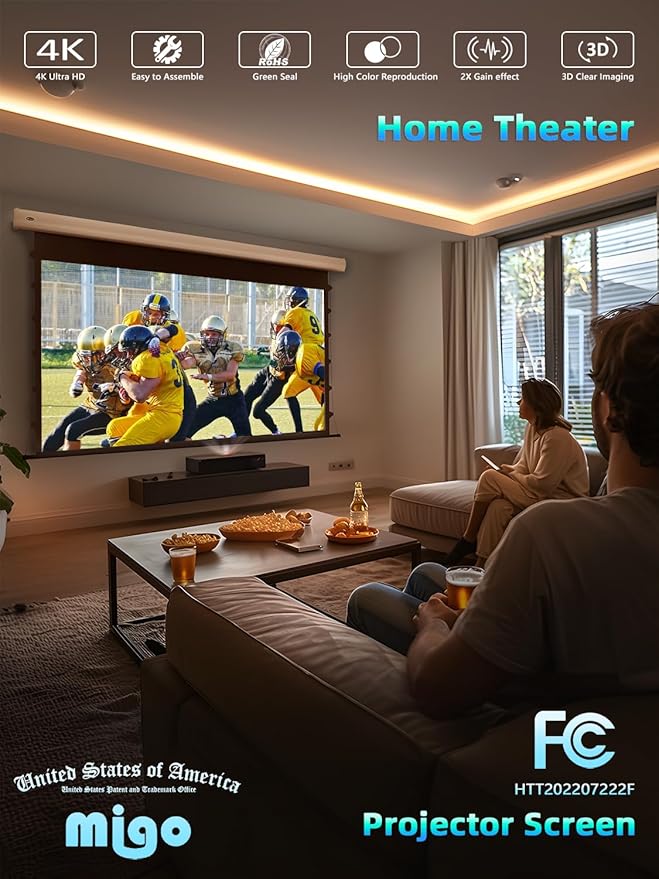 MIGO 120 Inch Projector Screen Pull Down, 2.0 Gain 4K HD Tab-Tension Motorized Partial Ambient Light Projector Screen Wall/Ceiling Mount for Short Throw Projector Indoor Home Theater Cinema Office