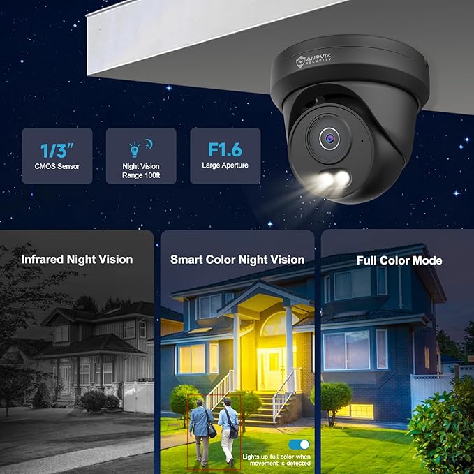 Anpviz 6MP PoE IP Camera Black, 3K Full Metal Turret Security IP Camera Outdoor Indoor, Smart Dual Light Color Night Vision, AI Human Vehicle Detection, Built-in Mic, 2.8mm Lens, IP66 Waterproof, NDAA