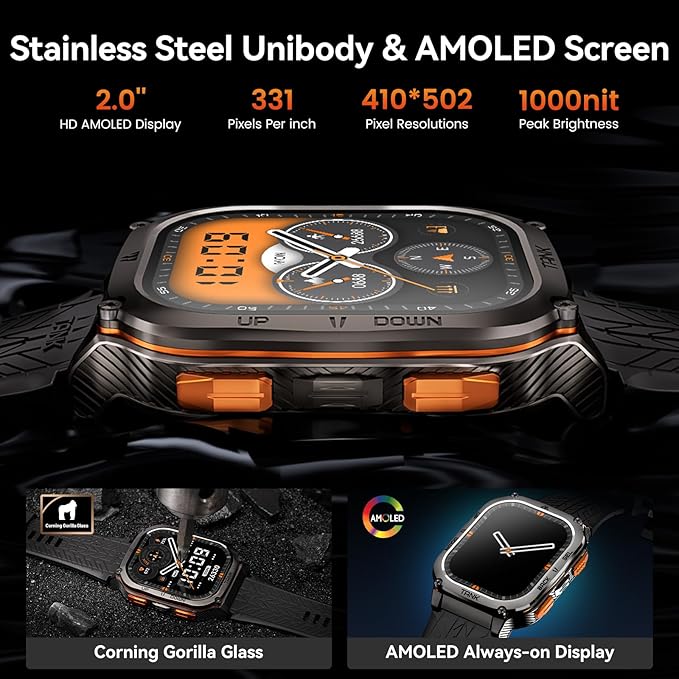 AMAZTIM Military Smart Watch with GPS, 6 Satellite Positioning/Compass, Stainless Steel Body, Waterproof, 480mAh Extra-Large Battery, Answer/Make Call, 2" AMOLED Screen, Compatible for Android iOS