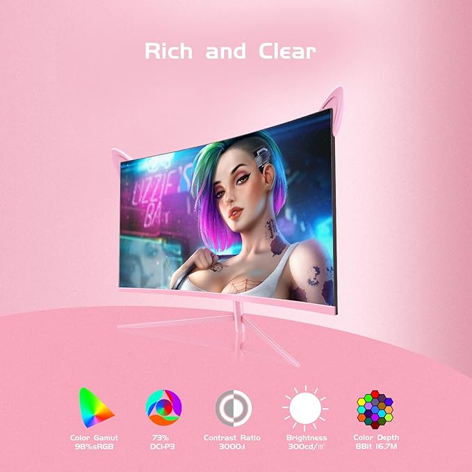 FY27QHP Pink Monitor 27 Inch Curved Gaming 165Hz - Support 144Hz 1800R 1ms QHD 2560 x 1440P VA Screen, Built-in Speakers, AMD Free-Sync, HDMI, DP, USB, AUX, Tilt Adjustable